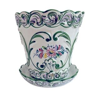 Vintage RCCL Portugal Hand Painted Floral Ceramic Green On White Flower Pot